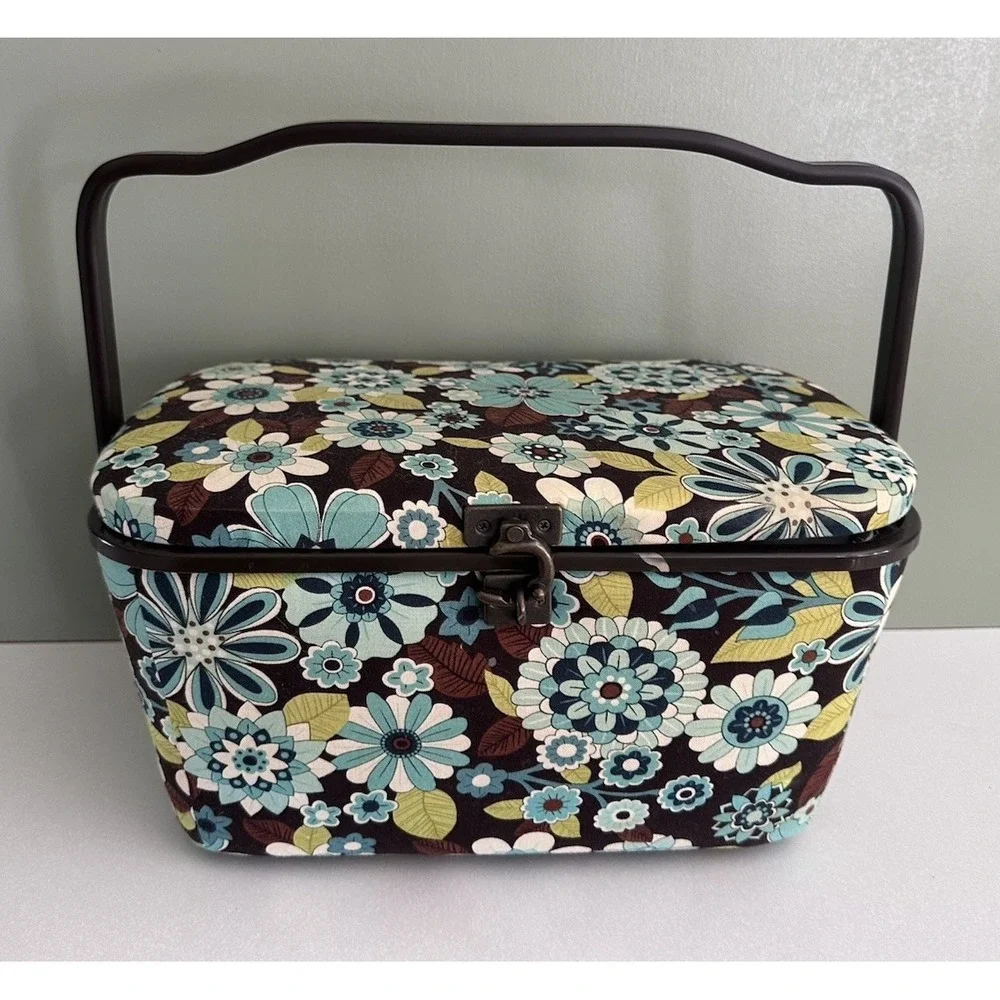 Vintage Dritz Sewing Box Basket Blue & Brown Floral Fabric With Tray Latch Retro